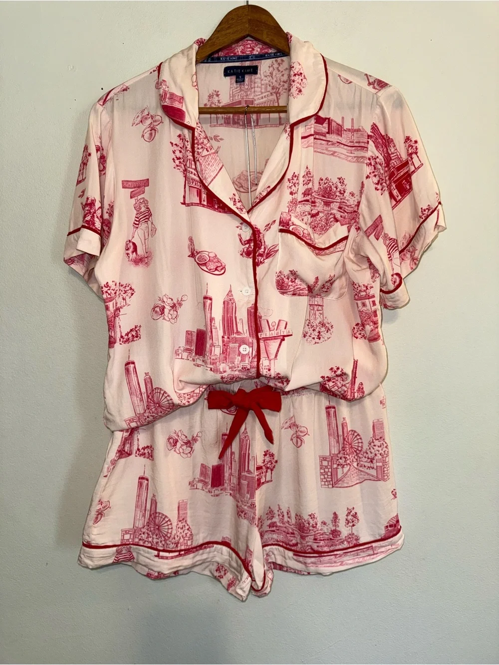Katie Kime Atlanta Toile  Pajamas Two Piece Shirt Shorts Set S Drawstring